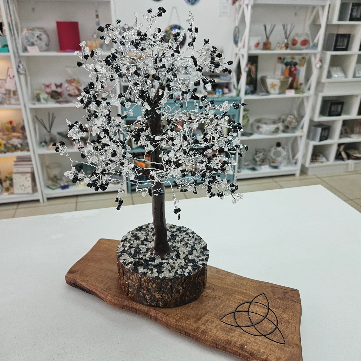 Crystal Tree - Wood Base (1000 bead) - Black Tourmaline & Clear Quartz