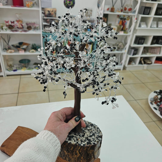 Crystal Tree - Wood Base (1000 bead) - Black Tourmaline & Clear Quartz