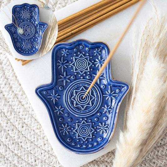 Trinket Dish & Incense Holder - Dark Blue Hamsa Hand