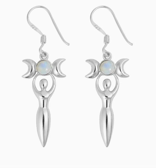 Silver Earrings - Rainbow Moonstone Goddess